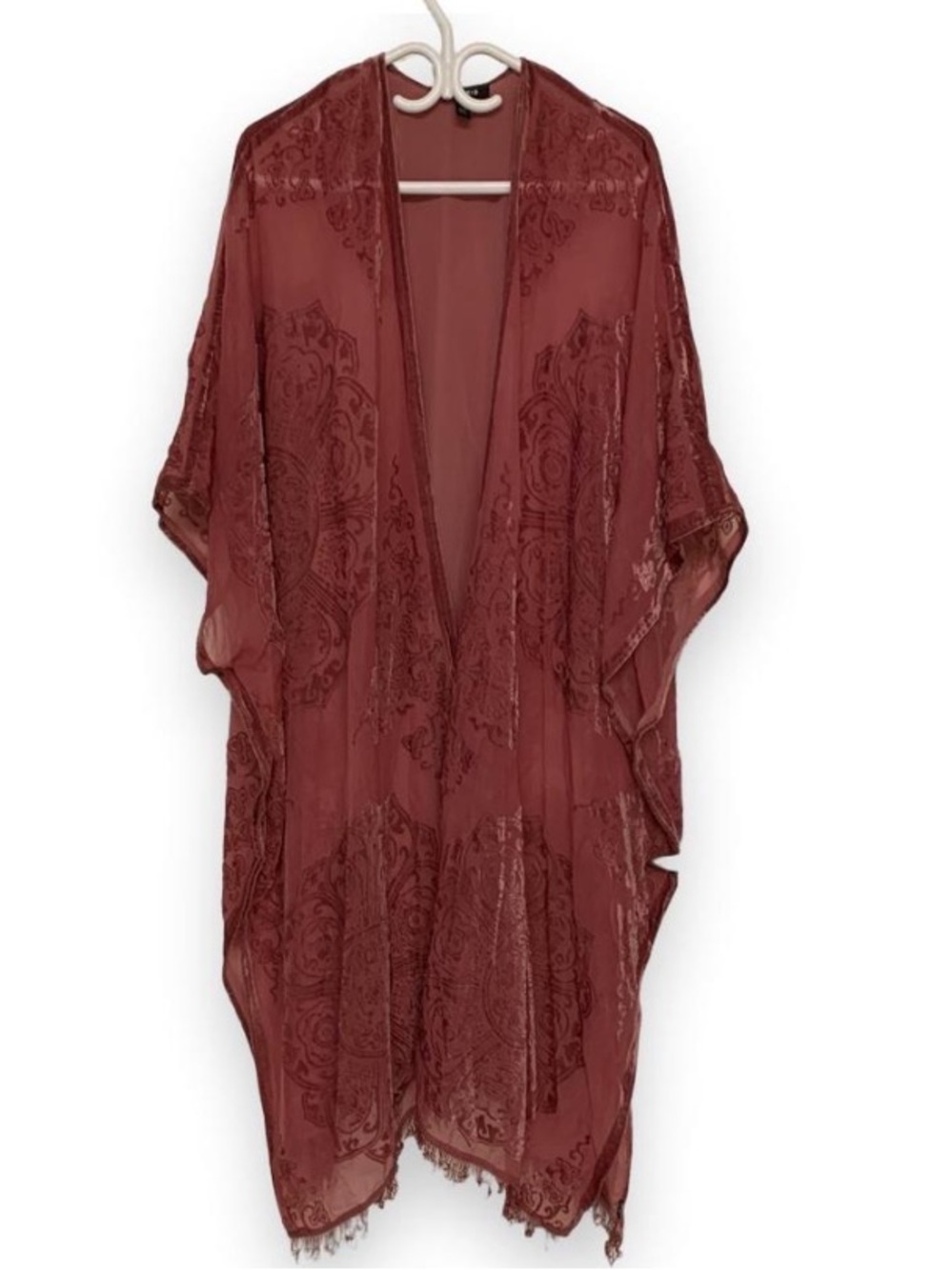 Torrid Velvet Devore Kimono Cardigan 5/6 Sheer Fringe Dusty Rose Pink Mandala